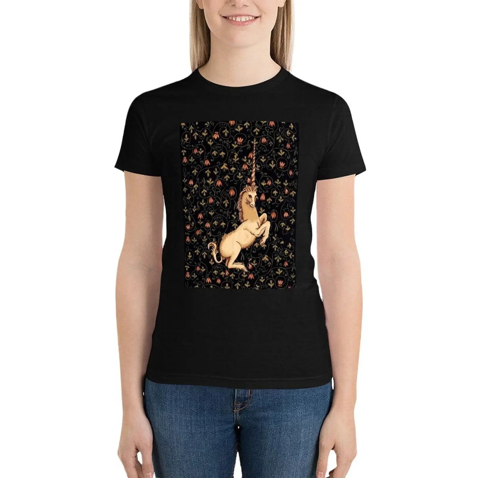 Medieval Unicorn Midnight Floral Tapestry T-Shirt tops summer tops workout shirts for Women
