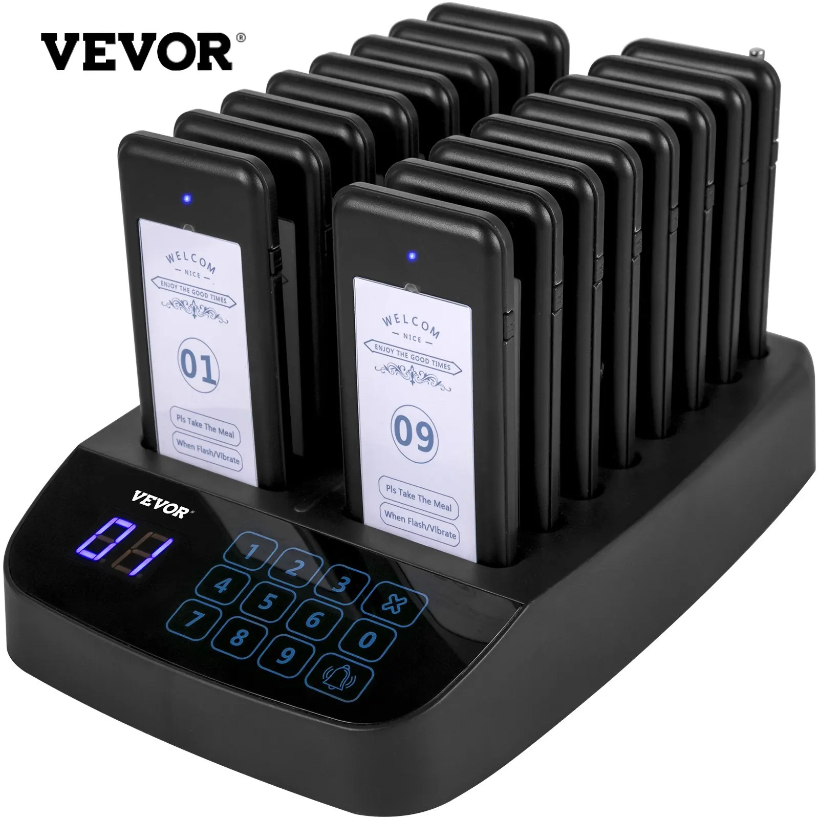 F101 Restaurant Pager System 16 Pagers, Max 98 Beepers Wireless Calling System, Touch Keyboard With Vibration, Flashing And