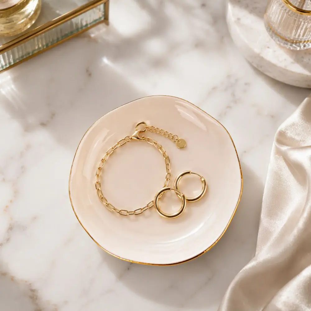 Gold Rim Round Ceramic Trinket Dish 11.5 Cm Four Color Jewelry Decorative Irregular Simplicity Ring Holder Earrings Necklaces