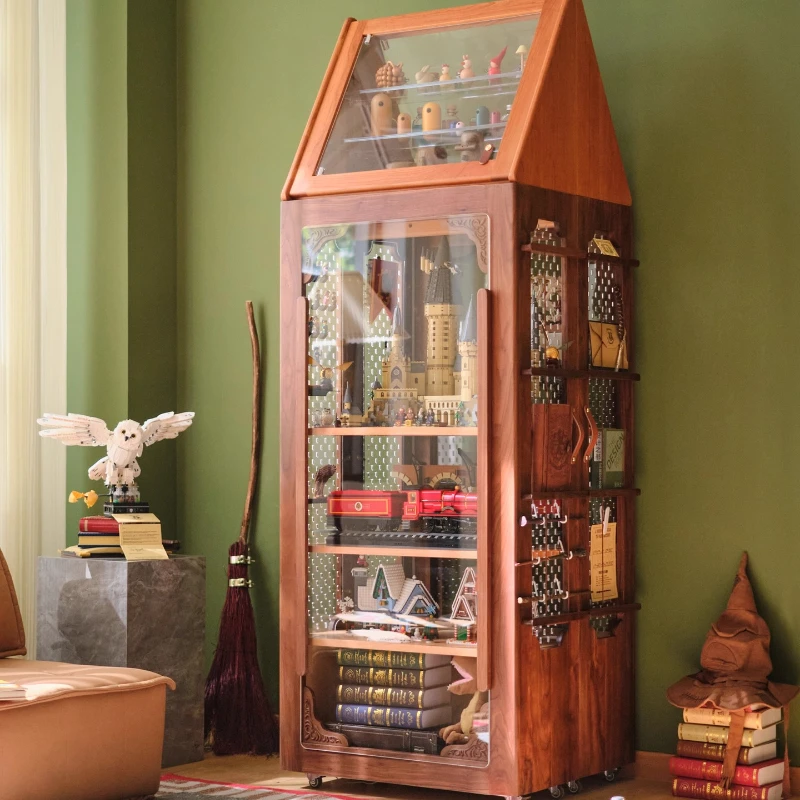 Folding  cabinet 360 degree rotating belt wheel movable bookcase retro storage display cabinet