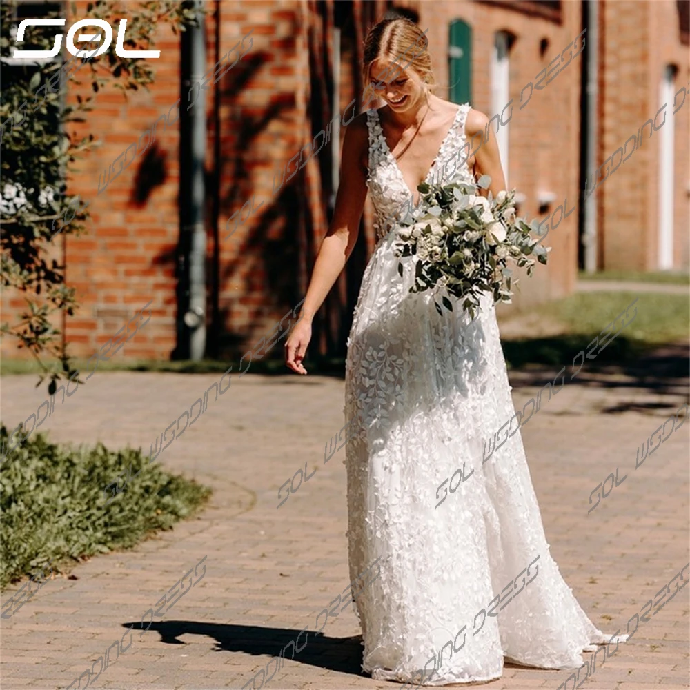 SOL-Vestidos de casamento com decote em V, cintas de espaguete simples, elegantes apliques 3D, vestidos de noiva sem encosto