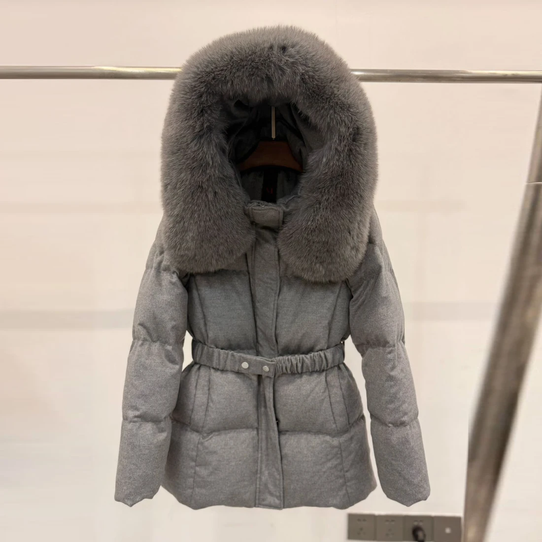 

Fur Collar down Jaet Women's ort Thiened White Goose down Puffer Coat Casual Sle Belted Waist Design