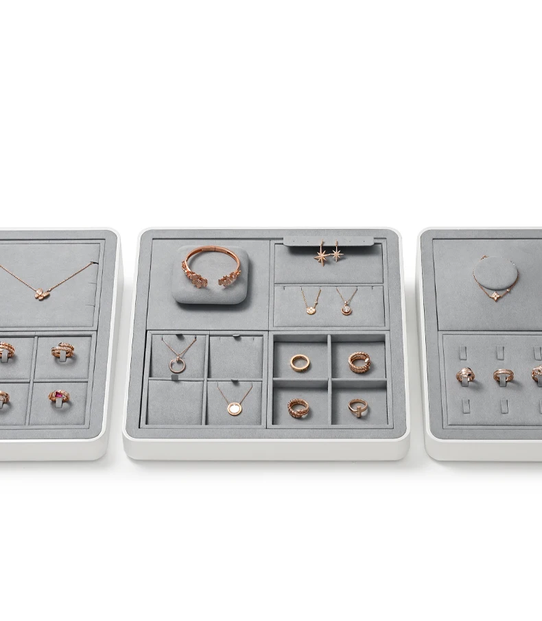 Oirlv Graues Schmuck-Display-Regal aus Mikrofaser, Schmuck-Organizer für Ringe, Ohrringe, Halsketten, Uhren, Aufbewahrungstablett, Ausstellungsstück für Juweliergeschäfte – Detail 12