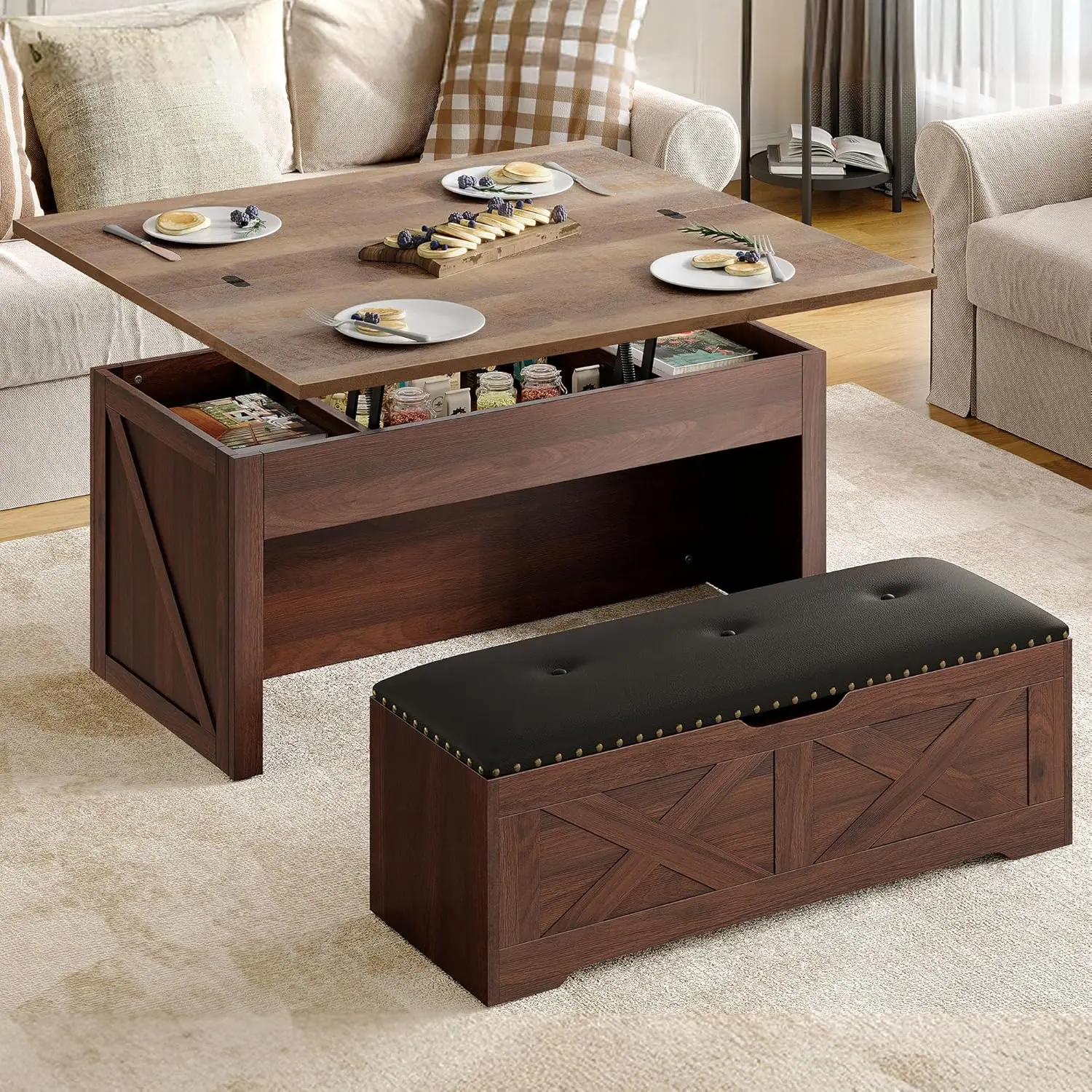 

Lift Top Coffee Table Set with Storage Ottoman Bench & Wheels, 4 in 1 Convertible Dinning Center Tables with Hidden Compartment,
