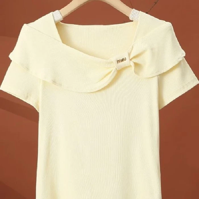 Summer 2026 Sweet One-Shoulder Square Collar Short-Sleeve Women's T-Shirt Knot Pure Color Shoulder-Bearing Top Korean Style C...