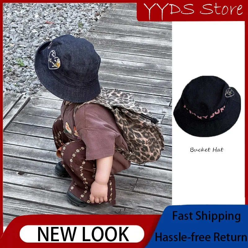 Kids Four-season Graffiti Denim Hat, Wide Brim Sun Hat, Casual Color Block Fisherman Cap for Boys Girls Outdoor Sun Protection