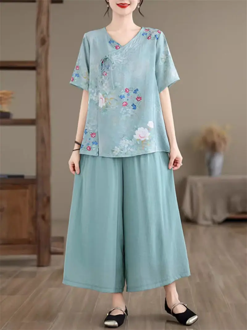 

Retro Cotton Linen Women Suit 2024 Summer National Style Two-Piece Set V-Neck Short Sleeve Top+Wide Leg Pants Outfits K976