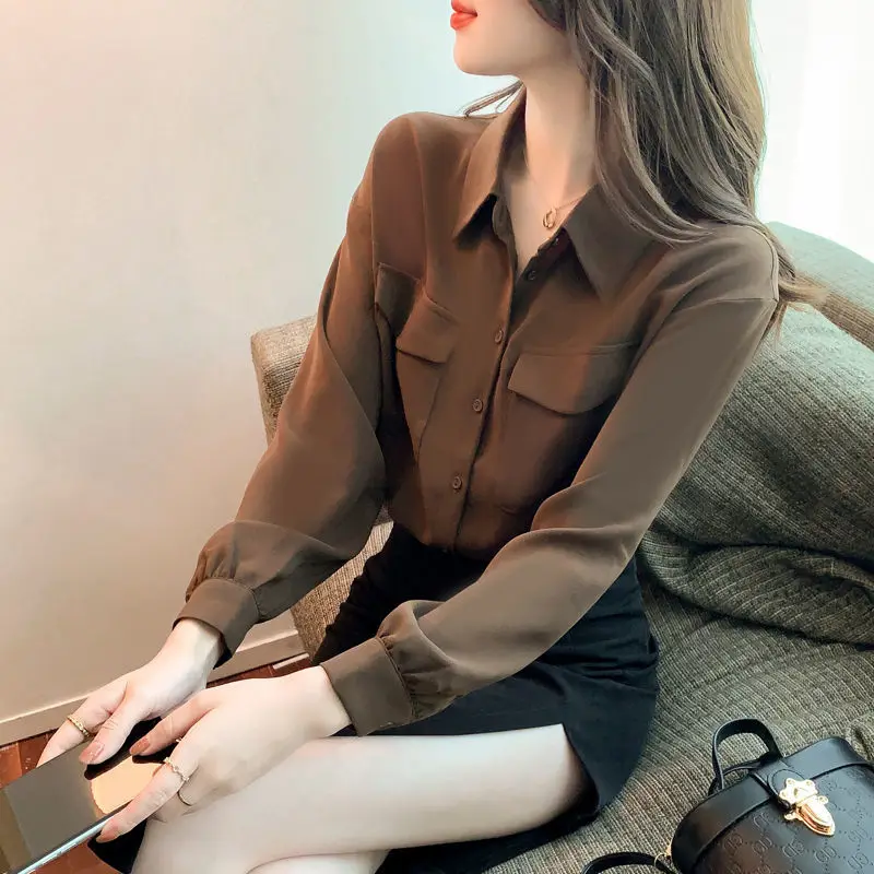 POLO Collar Chiffon Shirt for Women's Spring Autumn 2024 New European Fashion Coffee Color Long Sleeved Base Shirt Top