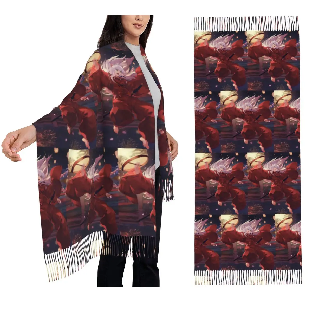 

Inuyasha Anime Scarf Tassel Scarves for Women Soft Warm Shawls and Wraps Long Fall Winter Shawl Wrap