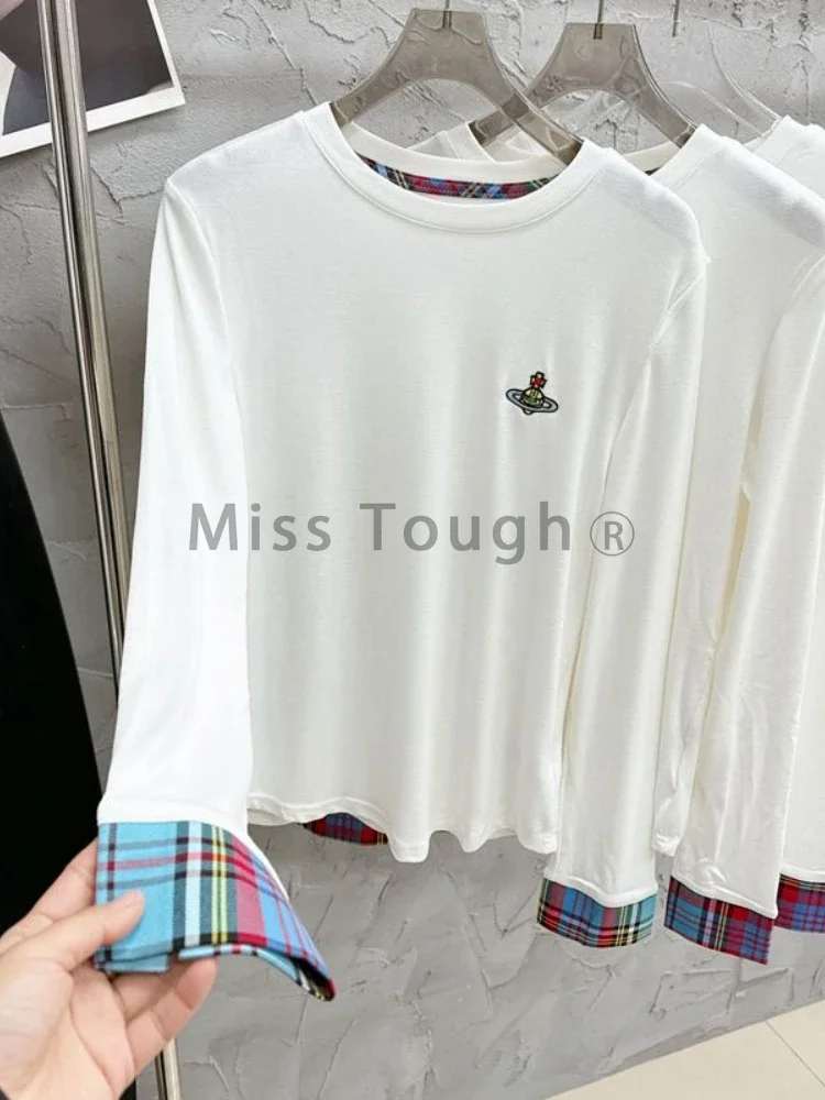 Korean Fashion Embroidery Plaid T-Shirts Women Autumn Patchwork Long Sleeve Tees O-Neck Tops Vintage 2000s Aesthetic Tide Simple