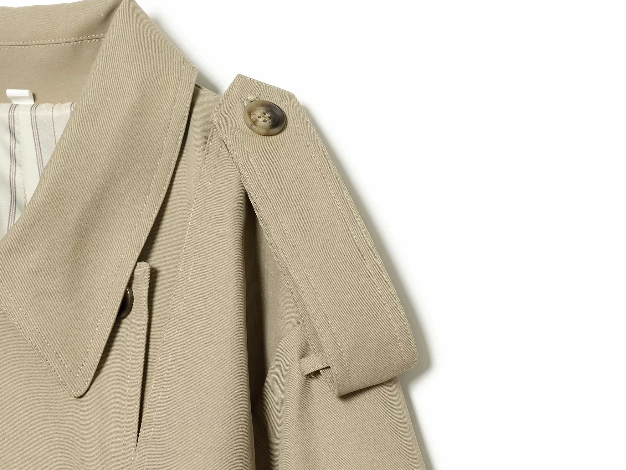 Damen 2026 Neue Modekollektion Khaki Eleganter Doppelreihiger Gürtel-Trenchcoat mit Schulterklappen Kurzer Windbreaker Damen-Oberbekleidung – Detail 4