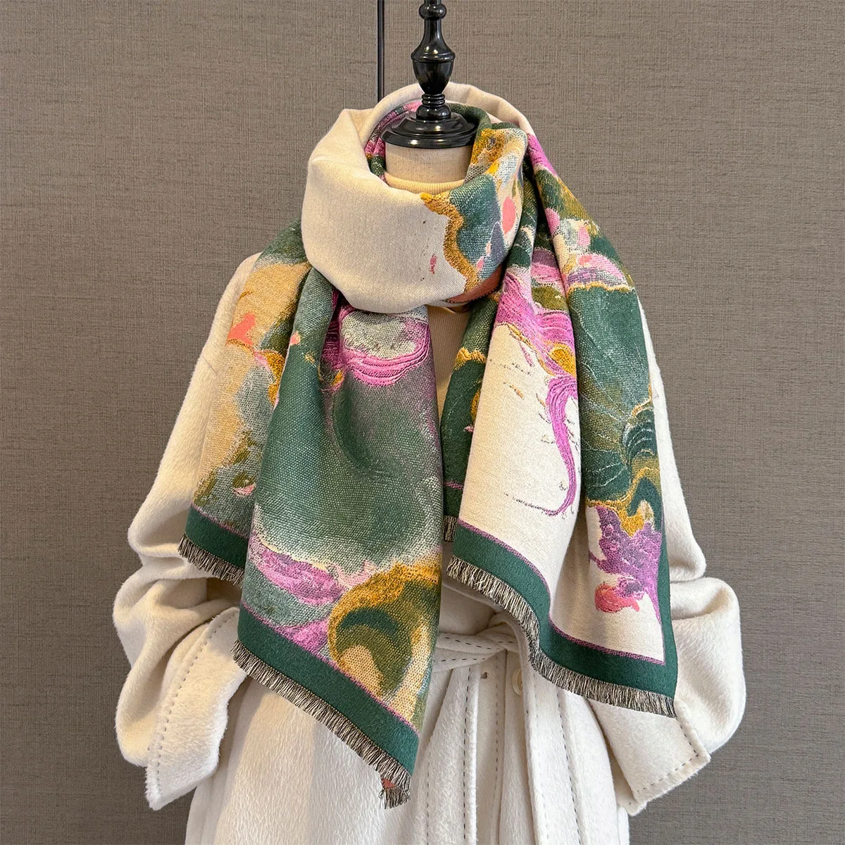 

Зимние шарфы с масляной живописью 2025, имитация кашемира, мягкие, теплые, холодостойкие, ветрозащитные, толстые, шаль из пашмины, дорожное одеяло, шарф