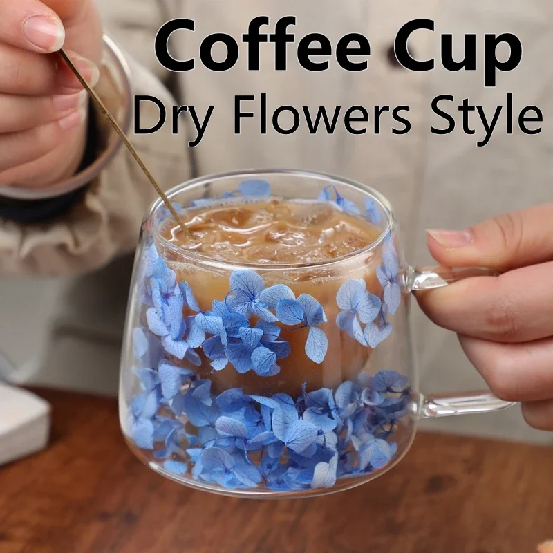 200ML Coffee Cup with Handle Double Wall Dry Flowers Style Transparent Glass Heat Insulation High Temperature Juice Milk Mug