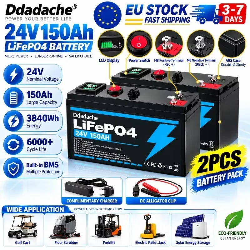 Image of 24V 150Ah LiFePO4 wiederaufladbare Lithiumbatterie mit integriertem BMS, Mehrfachschutz, 8000+ Zyklen, EU-Schnellversand für Solarstromspeicher, Wohnmobile, Boote, Marinefahrzeuge, Offroad-Touren,