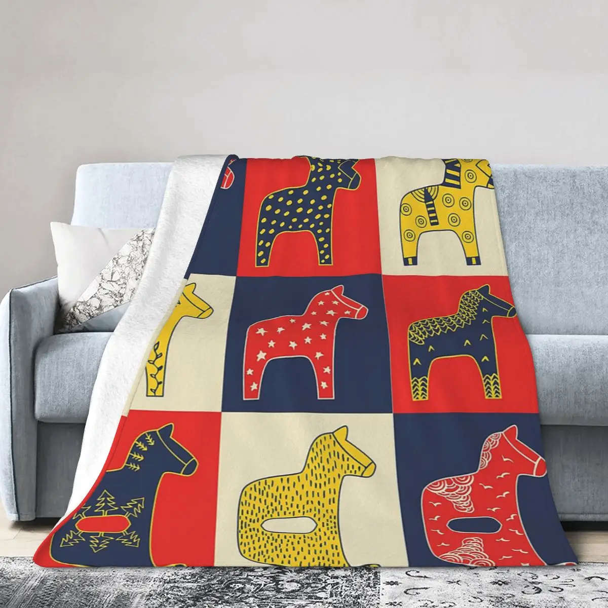 BEST SELLER _ Swedish Dala Horse Blankets Soft Warm Flannel Throw Blanket Plush for Bed Living room Picnic Travel Home Couch