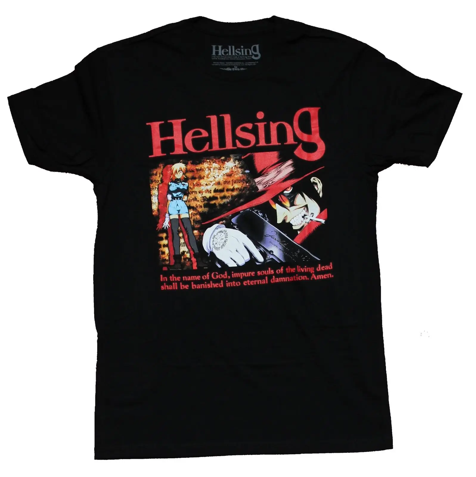 Hellsing Adult New T-Shirt - Alucard Sera's Gun Pose Over Long Quote