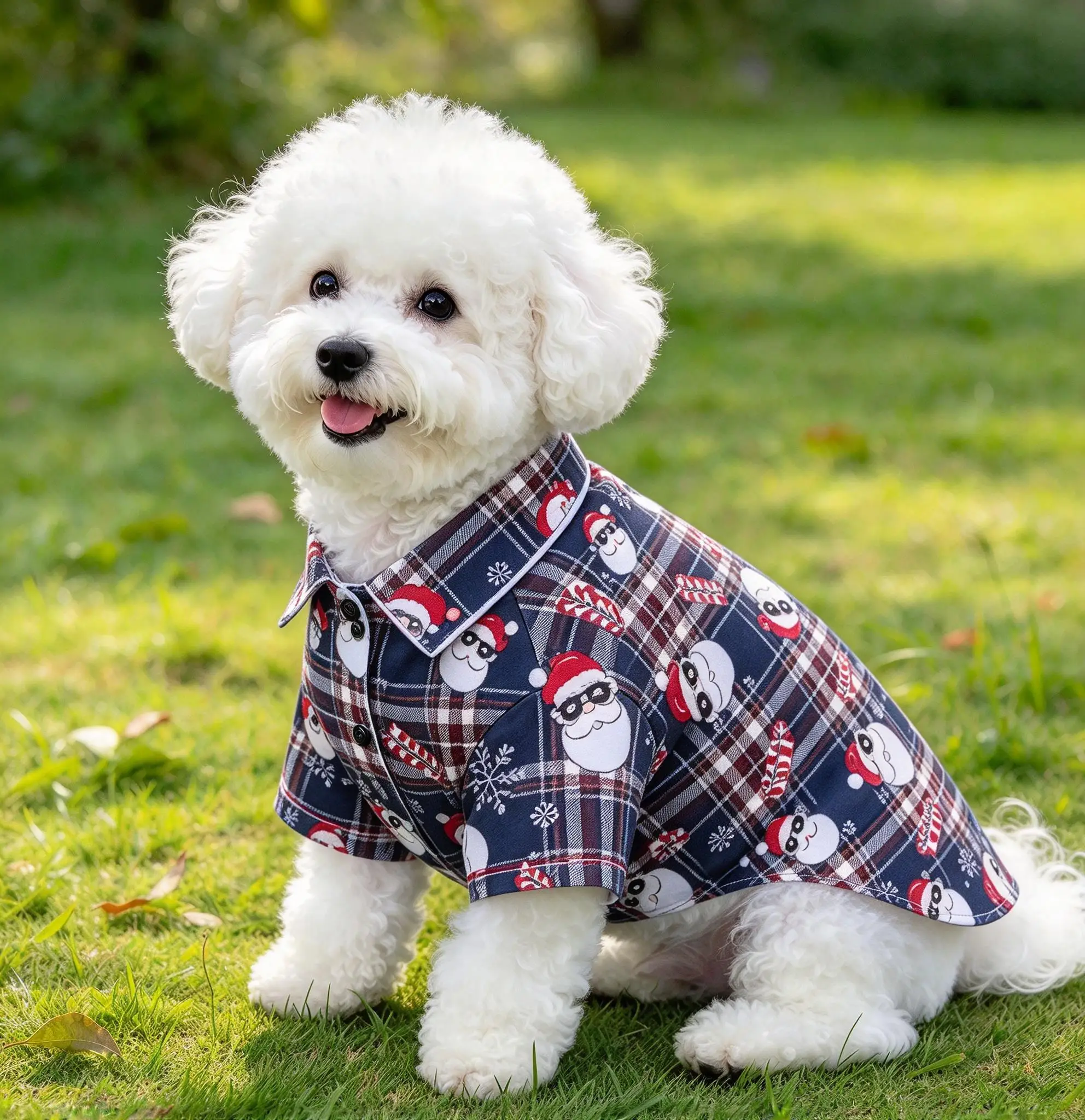 Pet Christmas Plaid Collared Shirt For Cats & Dogs, Santa Reindeer Penguin Print Short Sleeve, Festive Clothing.