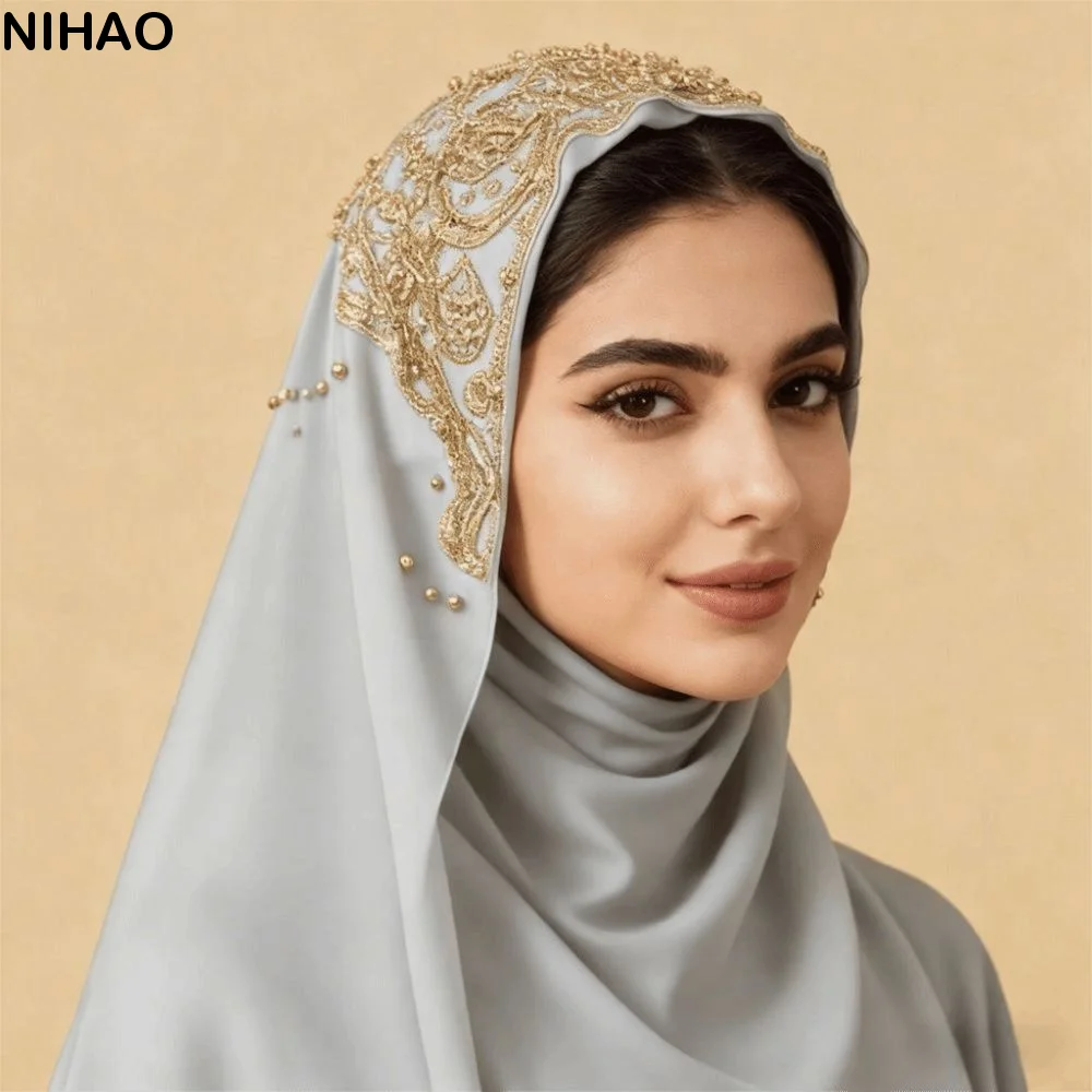 

Модный шарф-хиджаб с бисером, популярный этнический исламский головной платок, легко надеваемый шифоновый головной убор для девочек-подростков