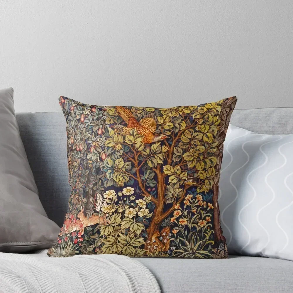 GREENERY,FOREST ANIMALS Pheasant on Autumn Tree,Squirrel,Hares,Red Yellow Floral Tapestry Throw Pillow