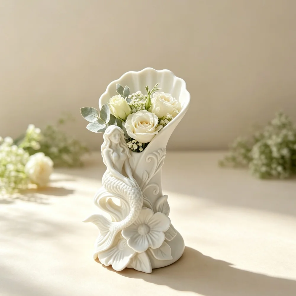3D Printed Mermaid Figurine Vase White Shell Shape Floral Holder Living Room Tabletop Home Decor Accent