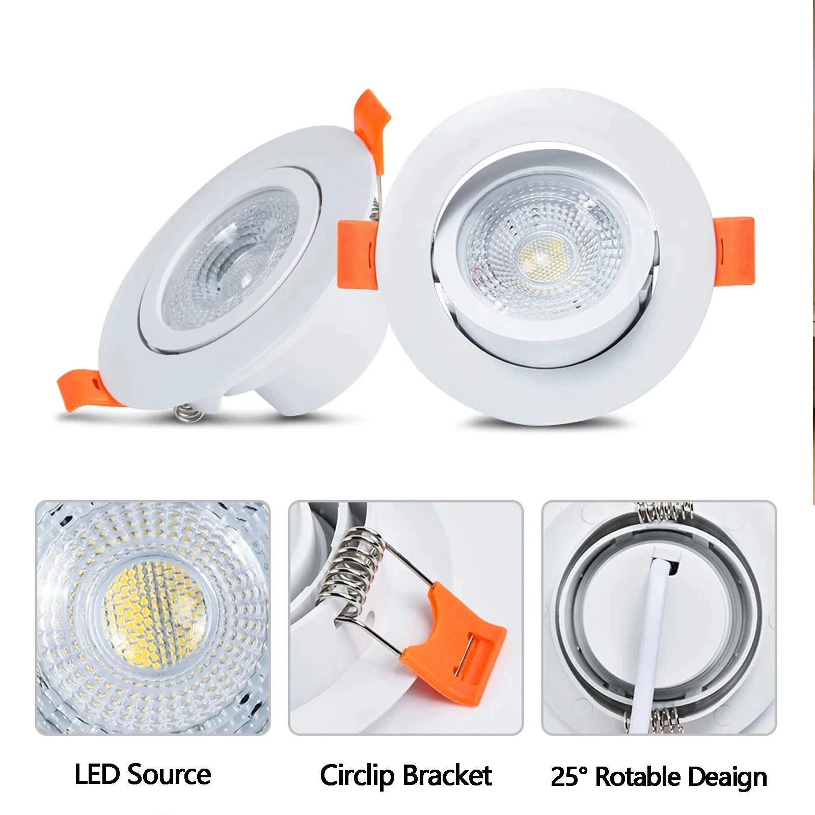 6pcs Embedded LED Downlight 5W Round Ceiling spotlights Adjustable Angle Recessed Panel Lighting Lamp for Home Hotel Kitchen