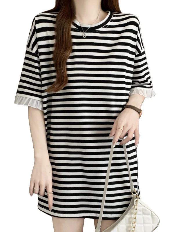 Lace Splice Short Sleeve T-Shirt Women's Summer New Large Size Fat MM Mid-Length Butt Covering Top Stripe Base Shirt