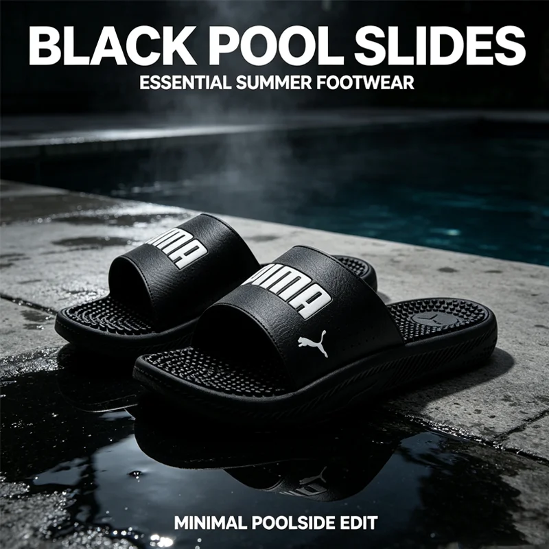 2026 383062-01 Men Puma Slide Sandals , Black EVA Comfort Shower Slides With White Logo, Summer Casual Beach Slippers