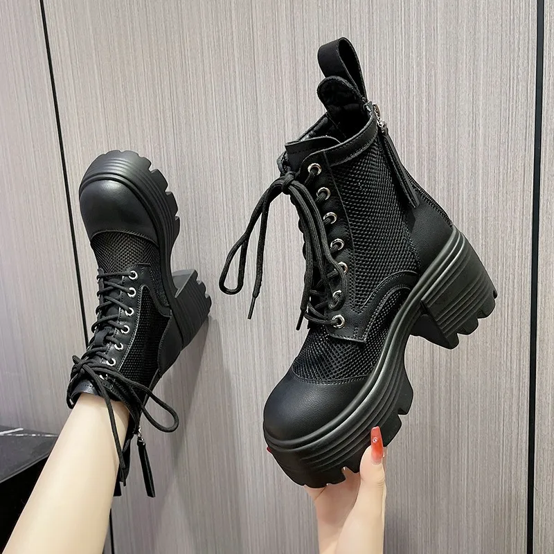 

Summer New Sandals Boots Women Hollow Outs Net Boots Black Increasing Height Shoes Pu Leather Sandals Breathable 8cm High Heels