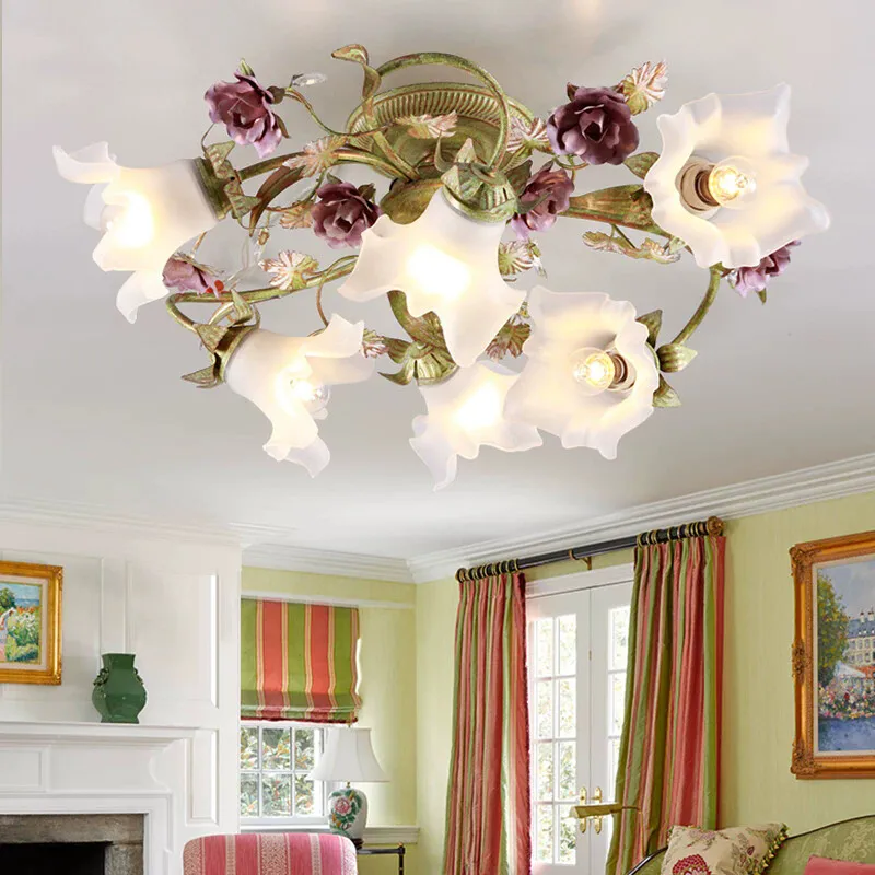 

Floral LED Ceiling Lamp Colorful Deco Ceiling Light E14 Decora for Dining Room Living Room Girls Bedroom Glass Shade lighting