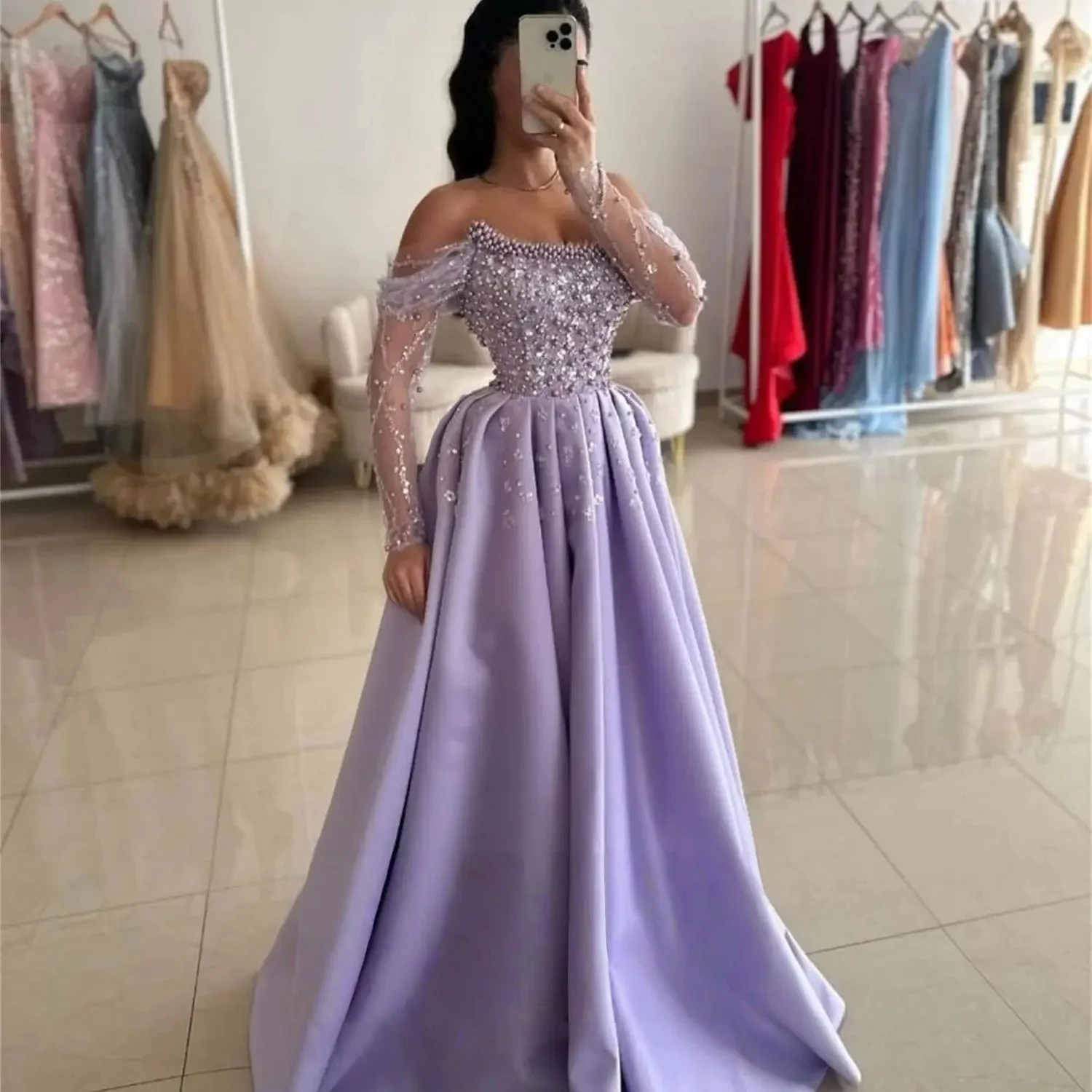 

Сиреневый жемчуг с длинными рукавами на заказ, вечернее платье для выпускного вечера, пастирол, унисекс, Джерси в стиле ретро, Дубай, Саудовская Аравия, по индивидуальному заказу