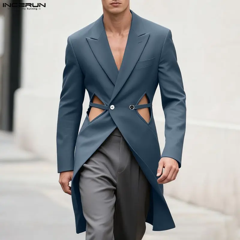 INCERUN メンズイレギュラーブレザー無地ラペル長袖中空男性スーツストリートウェアボタンファッションロングスタイルブレザー男性
