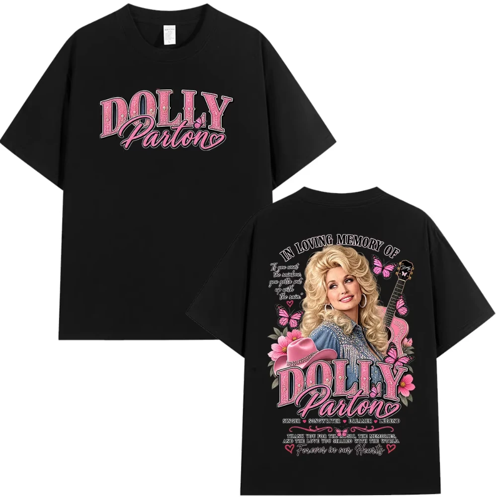 2026 Summer Dolly Parton Portrait Guitar Pink Floral Hot Front Back Print Black T-Shirt Unisex Oversized Country Cotton Tee