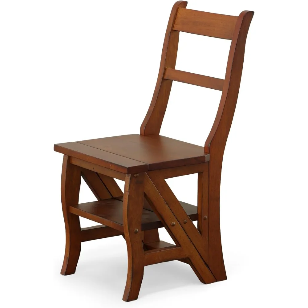 Chair & Table Antique Folding Library Ladder Chair - Convertible 2-in-1 Chair, Foldable Ladder Seat with Storage Shelf