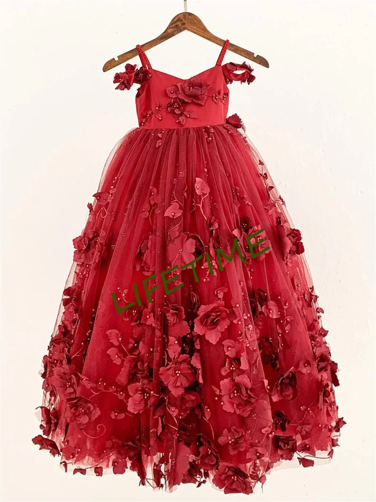 Vestidos de niña de flores rojas para boda, apliques 3D de tul, vestido de desfile de princesa, cuentas para niños pequeños, vestidos de fiesta formales hechos a medida