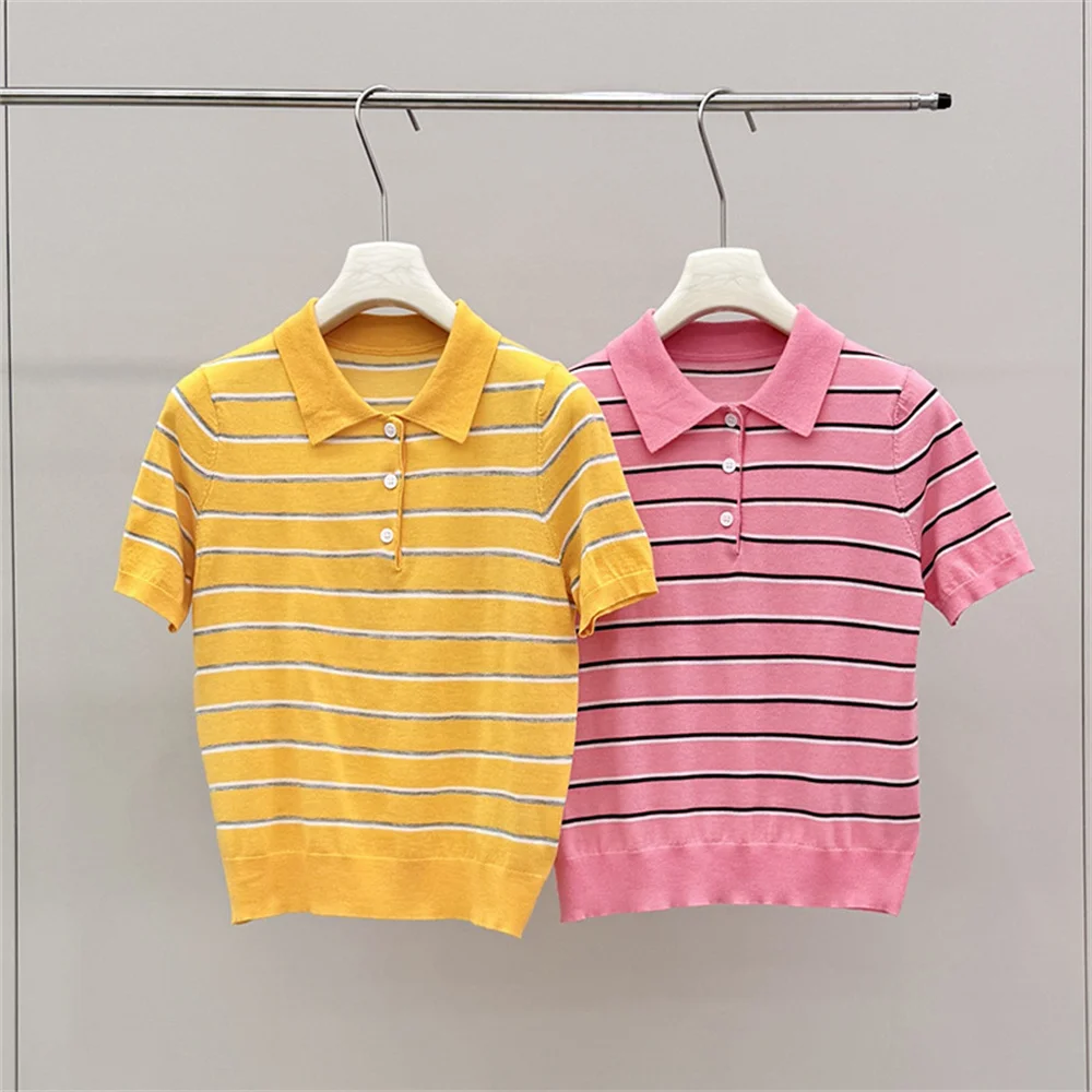 Striped Polo Collar Knitted Short-Sleeve T-Shirt Versatile Top For Women