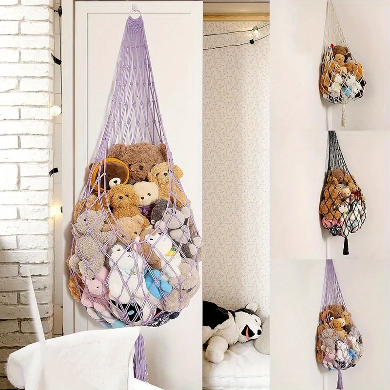 Animal Storage Macrame Hammock, Large - Boho Room Decor Toy Storage - Corner Hanging Plushie Stuffed Animal Net Organizer