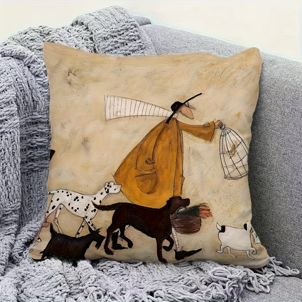 Double Sided Artistic Street Scene Pillow Cover Vintage Man with Dogs Birds Print Soft Throw Pillow Case for Home Decor Gift