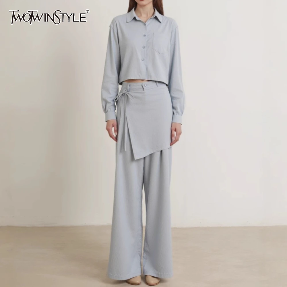 

TWOTWINSTYLE Solid Spliced Fart Curtain Two Piece Set Female Lapel Long Sleeve Shirt Basics Casual Women's Long Pants Set Autumn