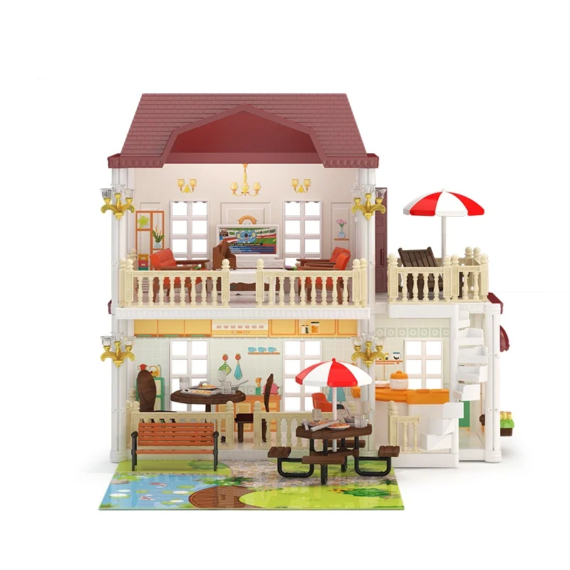 Model DIY anak-anak Villa kecil termasuk dapur ruang tamu miniatur furnitur rumah boneka Villa Set Simulasi perakitan mainan