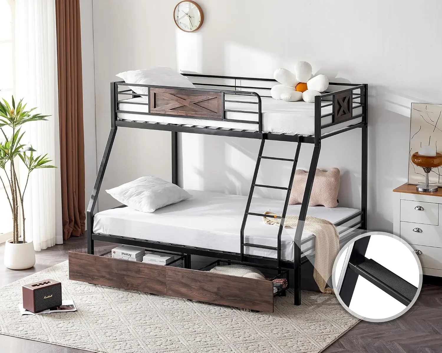 Metal Bunk Bed Twin Over Full with 2 Storage Drawers, Heavy Duty Twin Over Full Bunk Bed for Kids Teens Adults, 13.7-Inch