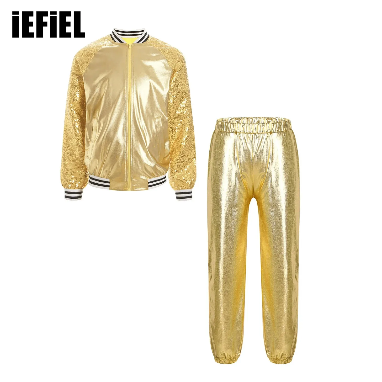 

Kids Girls Metallic Hip Hop Dance Outfit Sequin Long Sleeve Front Zipper Jacket Outerwear with Elastic High Waist Pants Set