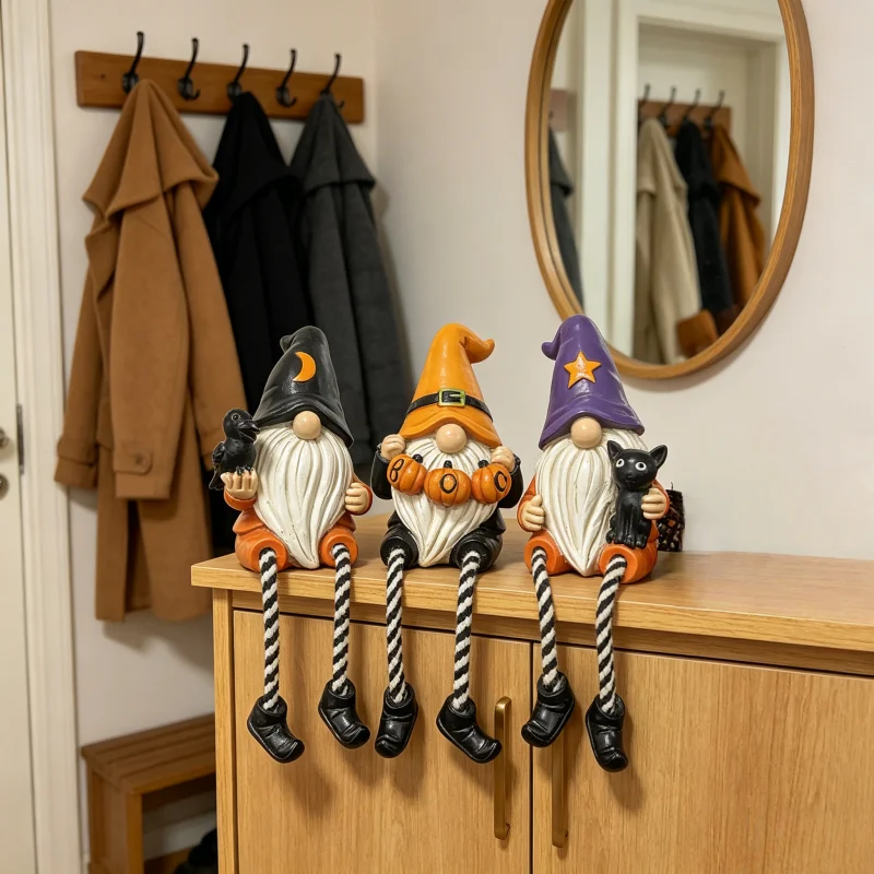 3pcs Halloween Dangle Leg Gnome Resin Figurine Set, Boo Pumpkin Crow Black Cat Shelf Sitter Elf Ornament, Fall Tabletop JJ2632