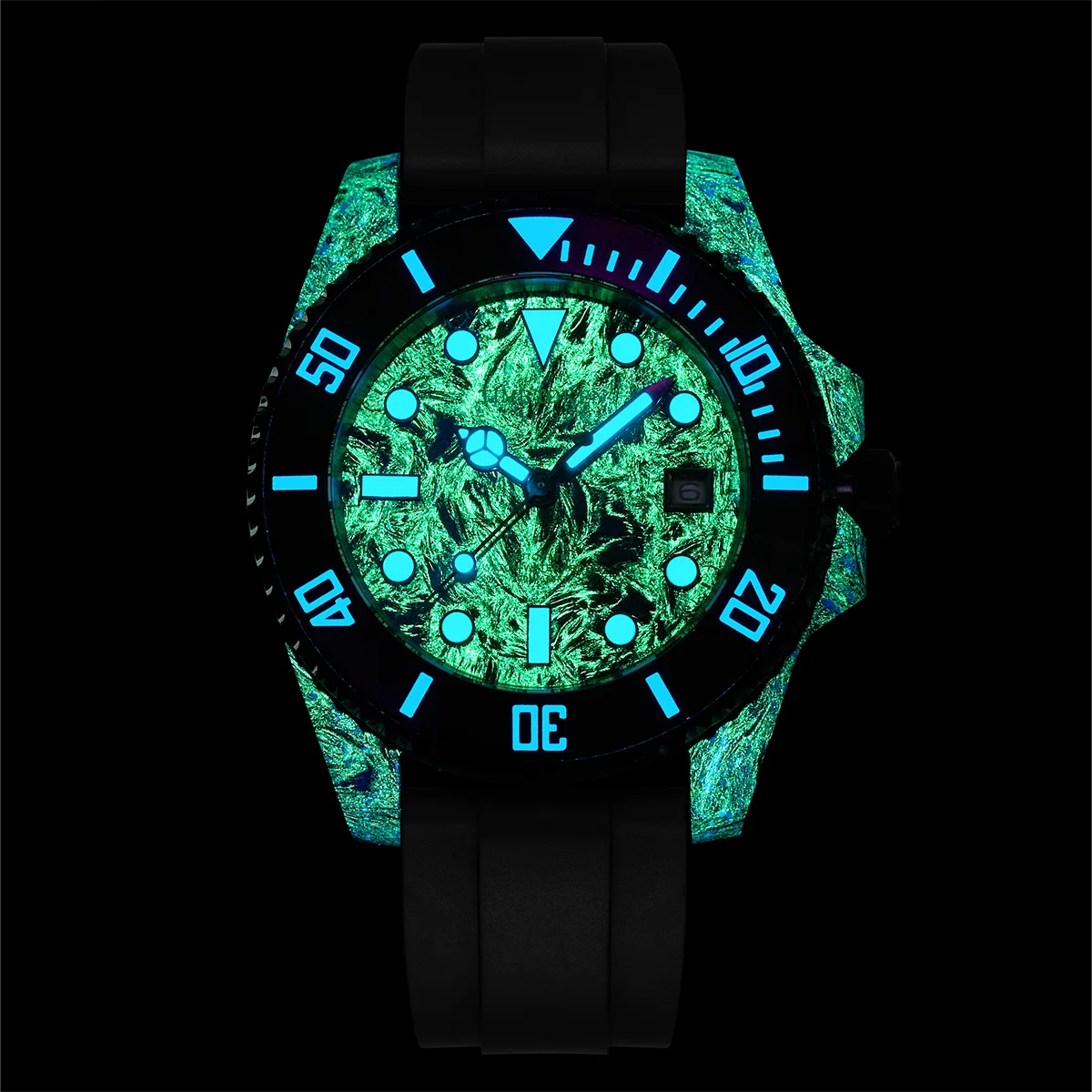 TIME TOKEN Carbon Fiber Dive Watch Men Automatic Mechanical 200M Waterproof Luminous Calendar Rubber Strap Gift Box Set T588