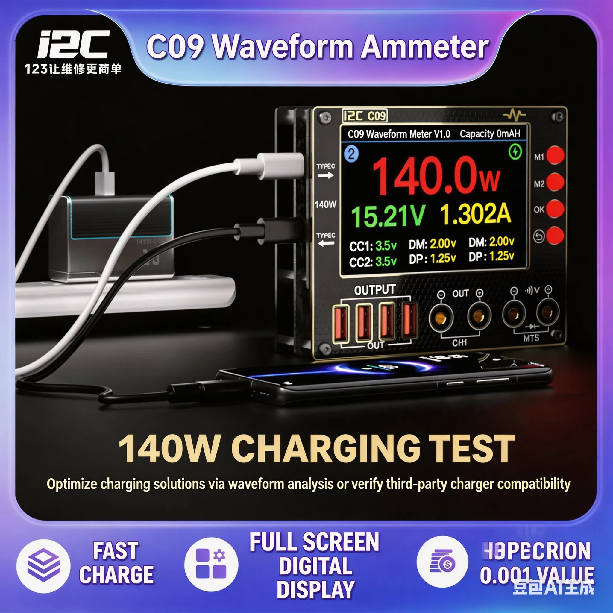 12C C09 Current Detector Screen Display Current Fast Waveform Sampling Voltage Detection Efficient Mobile Phone Repair Tool
