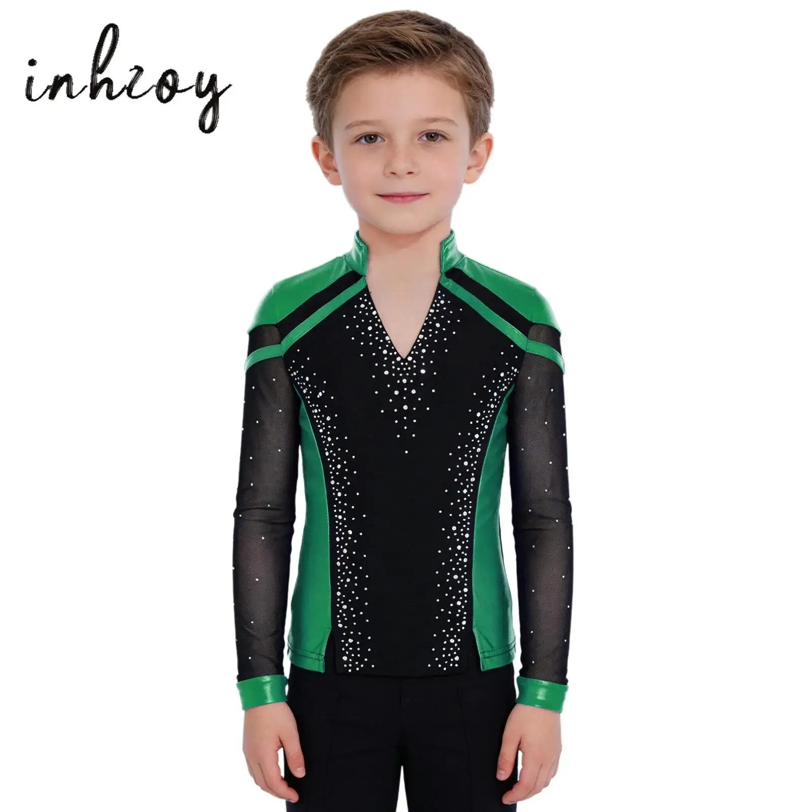 

Kids Boys Figure Skating Dance Competition Costume V-Neck Long Sleeve Split Hem Shiny Rhinestones Metallic Color Block Shirt Top
