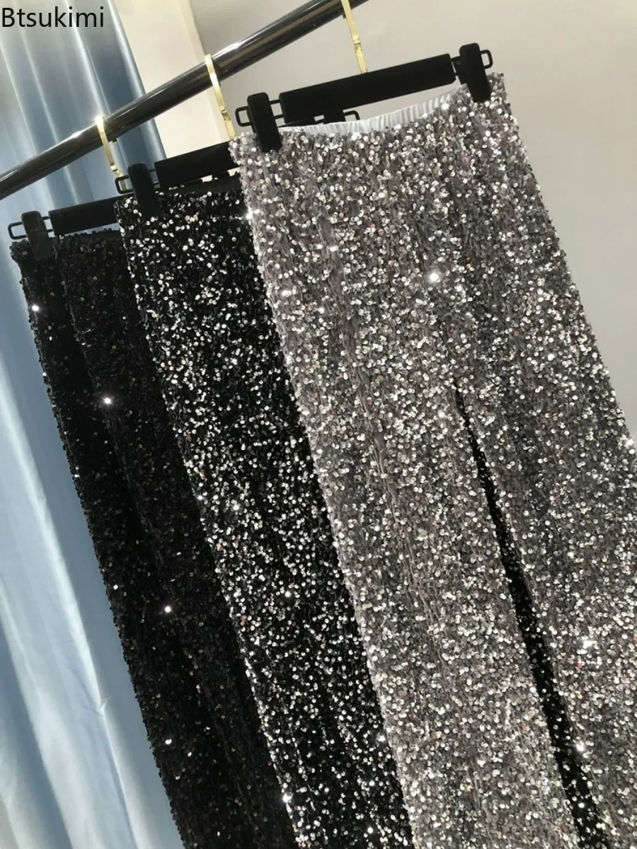 2025 Pantaloni da donna con paillettes nere argento caldo ispessimento Pantaloni glitter autunno inverno Pantaloni scintillanti Pantaloni da clubwear per feste Donna