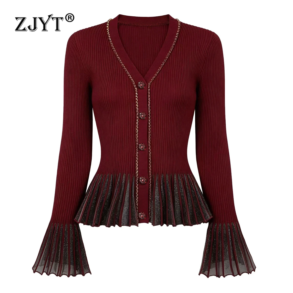 ZJYT Fall Winter Knitted Cardigans Sweater Women 2026 Fashion Flare Sleeve Beading Knit Tops Female Jumper Mujer Red Knitwears