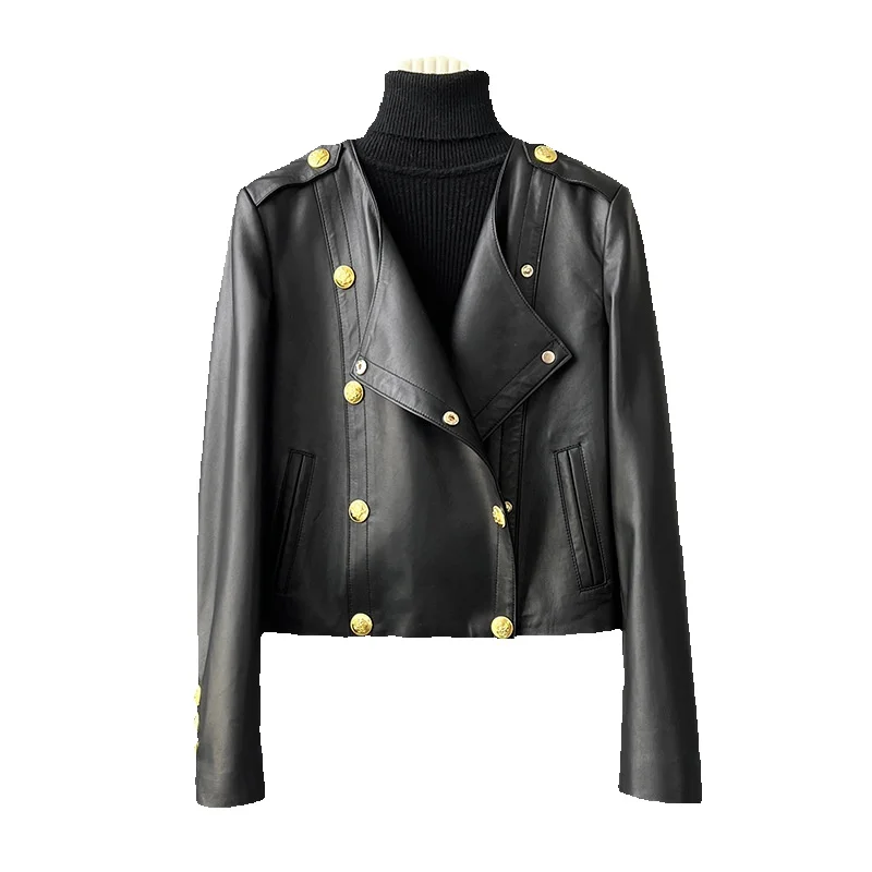 

Spring New Double Breasted Short Leather Jacket For Women With Collarless Black Sheepskin High Waisted Jacket