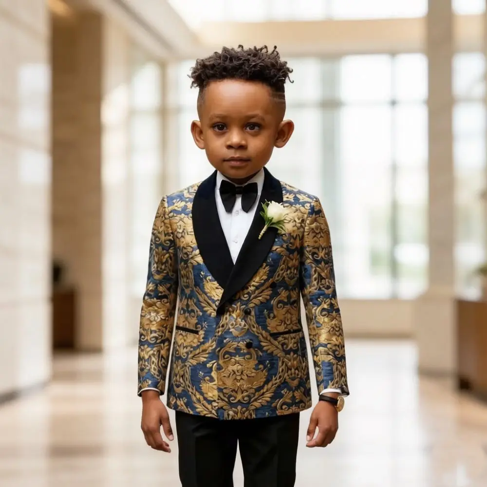 Floral Suits for Boys Double Breasted Kids Jacket with Pants Two Pieces Set Navy Blue Pattern Wedding Fashion Children Suit