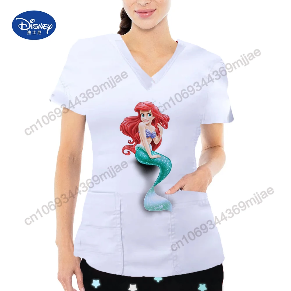 New Casual Women's Clothes Fashion V-neck Female Tops  2024 Cartoon Pattern Two-Pocket Design T-shirts for Women Free Shipping